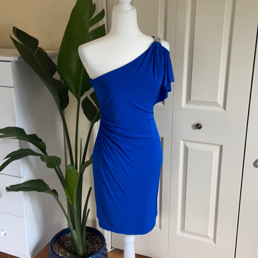 David Meister royal blue one-shoulder cocktail dress, 6 ruched